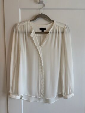 J. Crew Ivory Scalloped V-Neck Long Sleeve Blouse